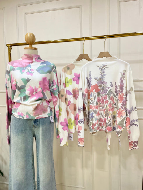 Women High Neck Floral Printed Knitted Pullover